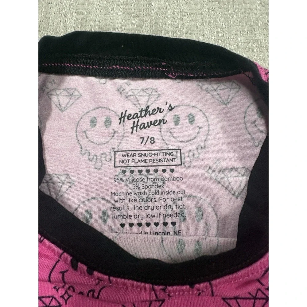 Heathers Haven Pink And Black Diamond And Smiley Face Bamboo Pajama 2PC Set 7/8